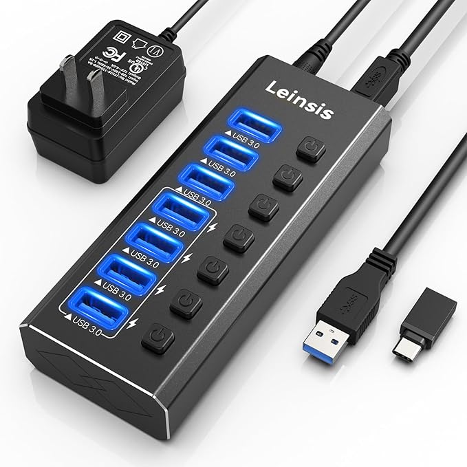 Powered USB Hub 3.0 Leinsis 7-Port USB 3.0 Hub [Durable Aluminum] 7 Data Transfer Ports+ 4 Smart Charging Ports with Individual On/Off Switches USB Hub 3.0 Powered with Power Adapter for Laptop PC