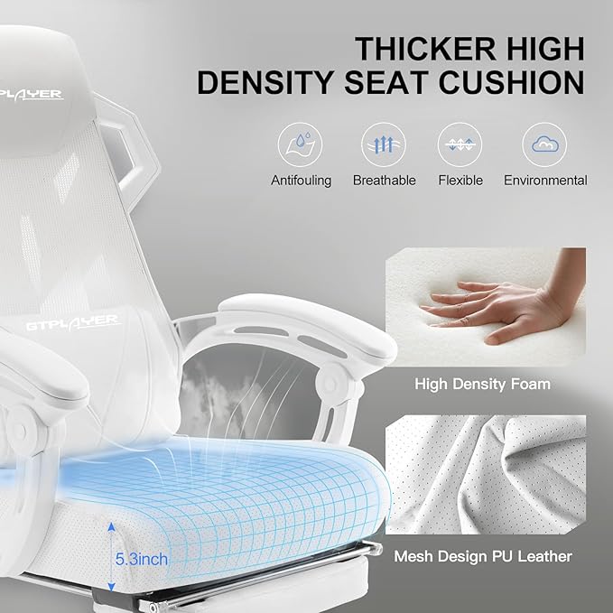 GTPLAYER Gaming Chair Computer Chair with Mesh Back Ergonomic Game Chair with Footrest Reclining Game Chair with Adjustable Headrest and Lumbar Support for Gaming and Office (White)