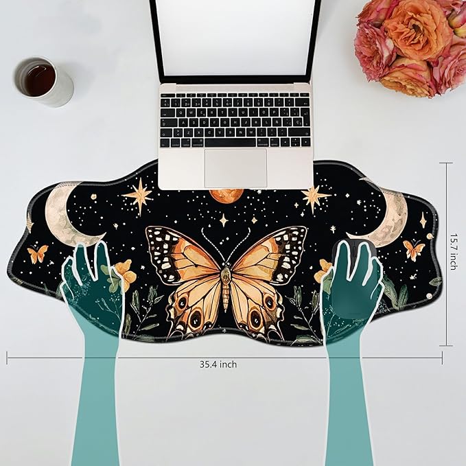 Stars Moons and Butterfly Desk Mat Mouse Pad 35.4X15.7 XL Extended Mousepad Huge Mouse Pads with Stitched Edges Desk Pad for Work Game Office Home