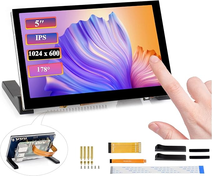 5inch DSI LCD 5-Point Capacitive Touch Screen Monitor for Raspberry Pi Pi5/4B/3B+/3B/3A+/CM4/CM3+/CM3 1024 x 600 Resolution IPS Display Screen DSI Interface 178° Viewing Angle No Driver Required