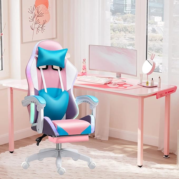 Girls Gaming Chair with Footrest Leather Video Game Chairs with Speakers and RGB Lights High Back Computer Chair with Lumbar Support and Headrest Cute Recliner Chair Office ChairPink