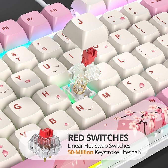 Wired Full Size Pink Mechanical Keyboard 104 Keys Creamy Keyboard with Number Pad RGB Gaming Keyboard Linear Red Switch NKRO Mechanical Keyboard Full Size for Windows Laptop PC Gamer