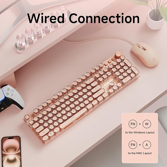 EWEADN Wired Typewriter keyboard and Mouse Combo Typewriter Style Mechanical Gaming Keyboard104 Keys Backlit LED Keyboards Media Control Knob Wired Keyboard Pink Switch for Windows/Mac/PC-Pink