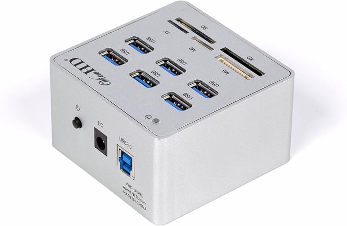 ViewHD Premium Quality USB 3.0 6-Port Hub with Card Reader &amp On/Off Switch + 12V 4A Power Adapter + USB Cable in Full Metal Case (Silver) | VHD-U3P6S