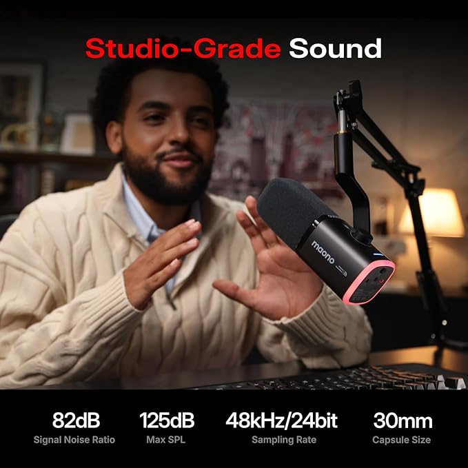 MAONO PD100W USB Wireless Microphone for PC Gaming Streaming Dynamic Mic with One-Click Noise ReductionMute ButtonCustom RGB 3.5mm Headphone Jack Desktop Podcasting Mic for Computer Phone Black
