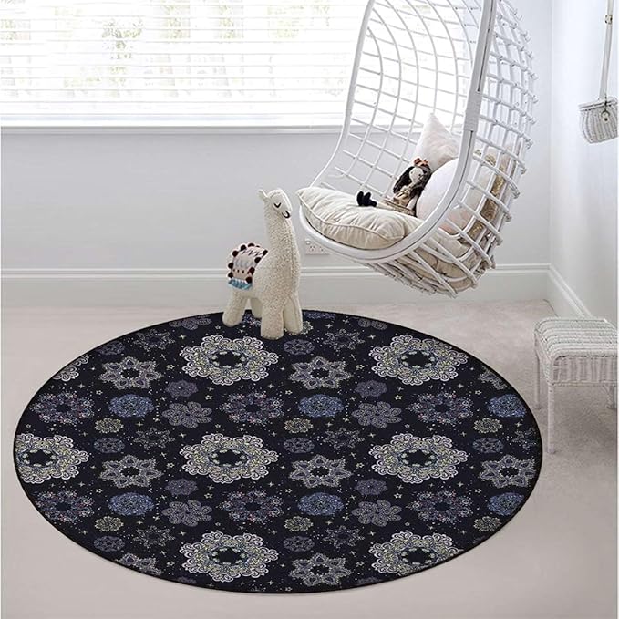 Multicolor Round Area Rugs Non-Slip Absorbent Round Rug Soft Comfortable Throw Rugs for Living Room Bedroom Nursery Decor Oriental Design Flower Ornaments Curvy Diameter 51 in