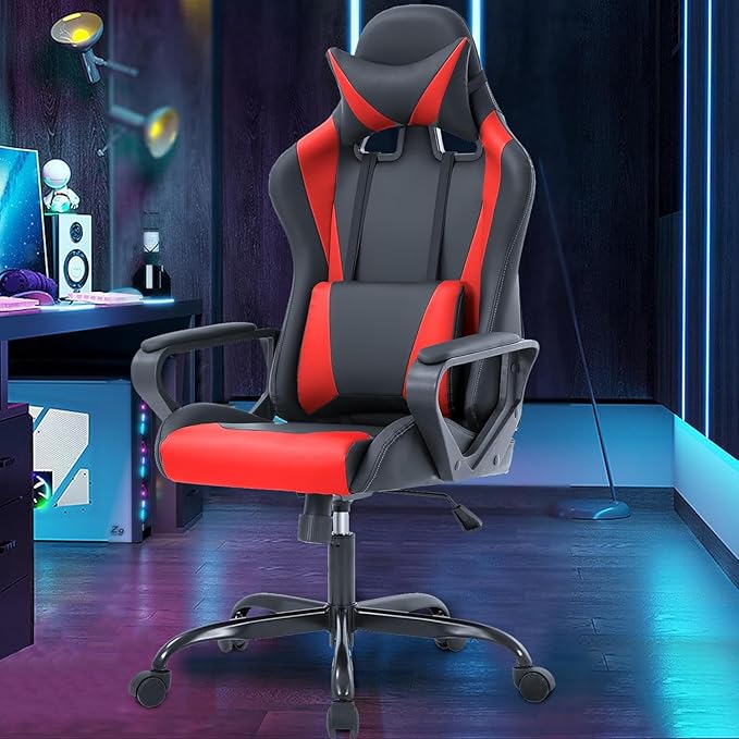 PC Gaming Chair Office Chair Ergonomic Computer Chair Mid Back Adjustable Desk Chair with Lumbar Support Armrest 360° Swivel Gaming Chair with Headrest for Home Office Work Study Red