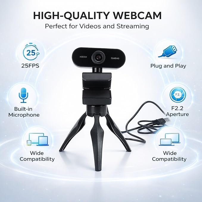 1440P Webcam with Built - in Noise Cancelling Microphone USB2.0 Interface Desktop Camera for PC and Laptop - Plug &amp Play HD Video Tripod &amp Clip Mount for Live Streaming and