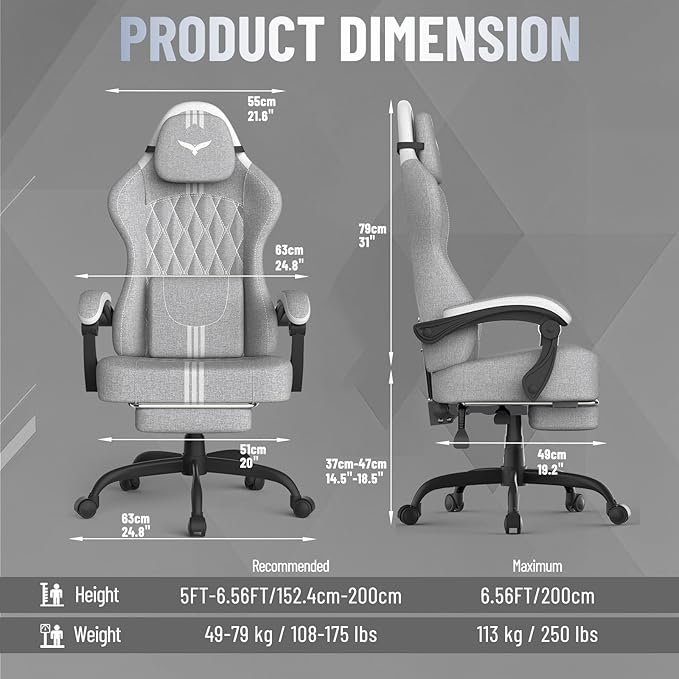 Ferghana Cotton Fabric Gaming Chair with Wider Seat Cushion Diamond Double-Stitching Ergonomic High Back Game Chair with Footrest Computer Chair with Massage Lumbar Support for Adult Gray/White