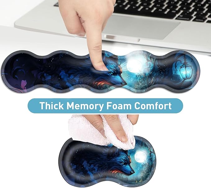 Keyboard Mouse Pad Set Extended Gaming Mouse Pad+Ergonomics Keyboard Wrist Rest Support Memory Foam Easy Typing Pain Relief 4Pcs XL Ultra Thick Desk MatBlue Moon Wolf Fantasy