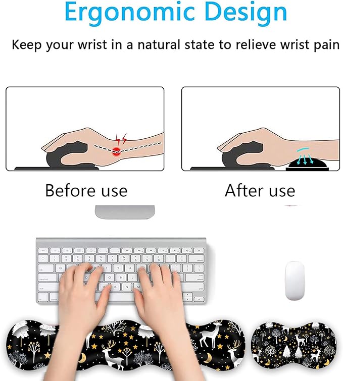 Keyboard Wrist Rest SetMemory Foam Wrist Support Mouse Pad31.5x11.8 Desk Mat for Comfortable Typing &amp Pain ReliefNon-Slip Base for Office &amp Home Use - Cute Training Deer and Trees