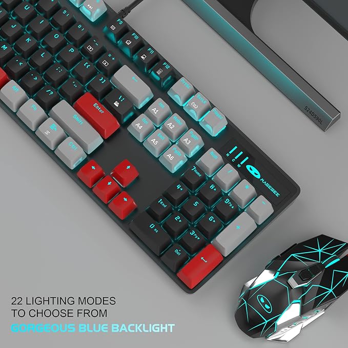 MageGee Mechanical Gaming Keyboard 104 Keys Blue Backlit Keyboards with Red Switches Double-Shot Keycaps USB Wired Mechanical Computer Keyboard for Laptop Desktop PC Gamers(Gray &amp Black)