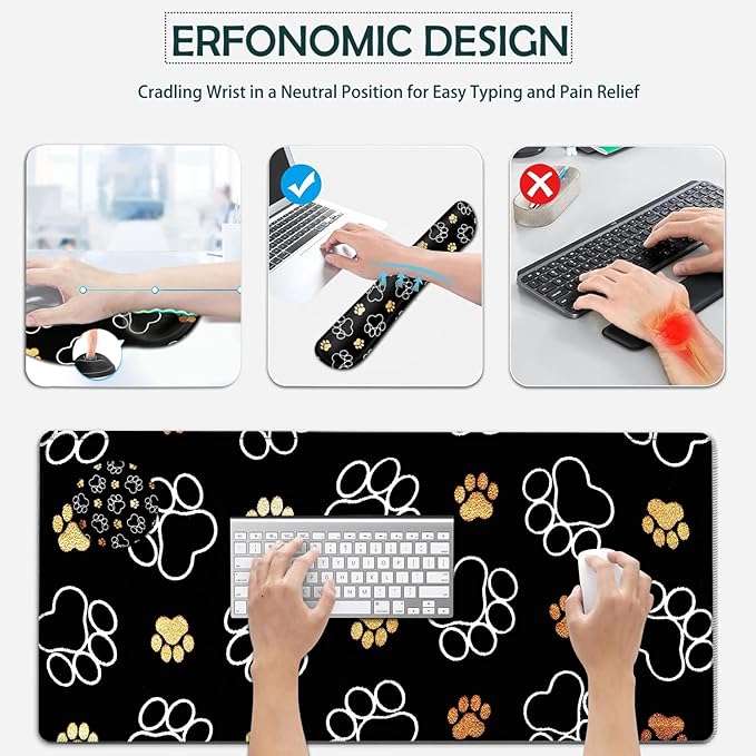 Large Mouse Pad Ergonomic Mouse Pad with Wrist Rest and Keyboard Wrist Rest 4 in 1 Set 31.5 x11.8 inch Extended Desk Pad for Home Office Gold White Cute Dog Paws Prints Black XXL Gaming Mouse Mat