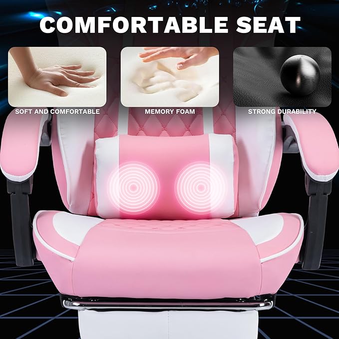 Gaming Chair with Massage Lumbar Support and Retractable Footrest Racing Style Ergonomic Design Features Adjustable Headrest and High Back Support for Extended Gaming Sessions (Pink)