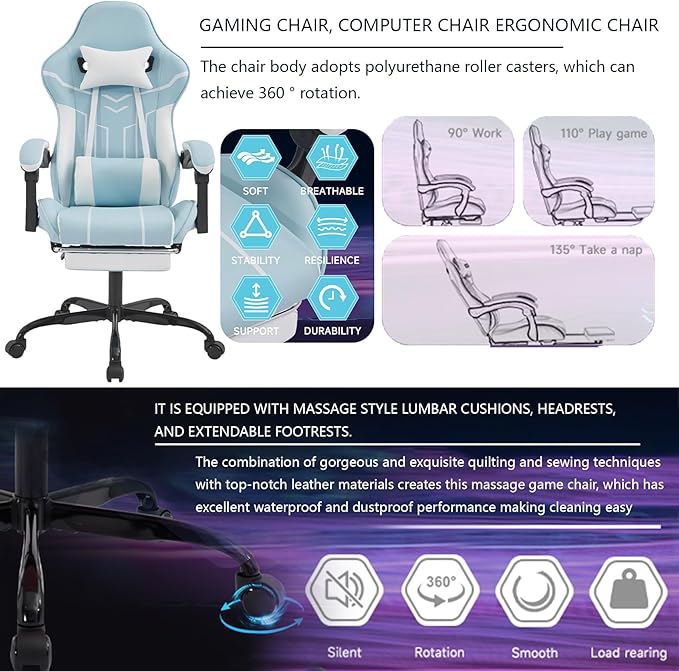 Ergonomic Gaming Chair with Massager Big and Tall Computer Chair with Reclining Footrest Swivel Game Chairs for Adults Home Office (Leather (Blue&ampWhite)