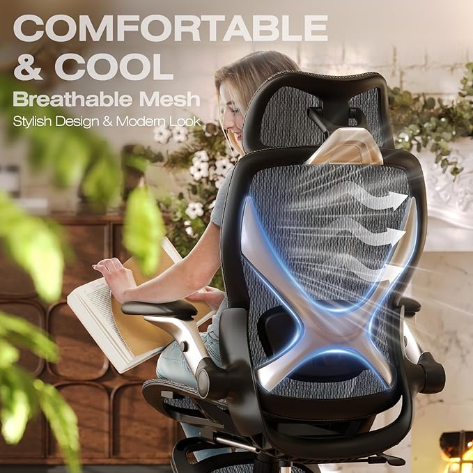 ELABEST X100 Ergonomic Mesh Office Chair with Footrest Big and Tall Hone Desk Chair with 5D Flip-Up Arms Adjustable 3D Lumbar SupportGaming &amp Executive Computer Chairs