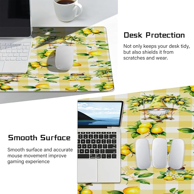 Yellow Lemon Tree Gnome Large Mouse Pad Gaming Mousepad Desk Mat for Desktop Computer Keyboard Waterproof Mouse Mat Desk Pad with Non-Slip Base for Game School Office Home 35.4 x 15.7