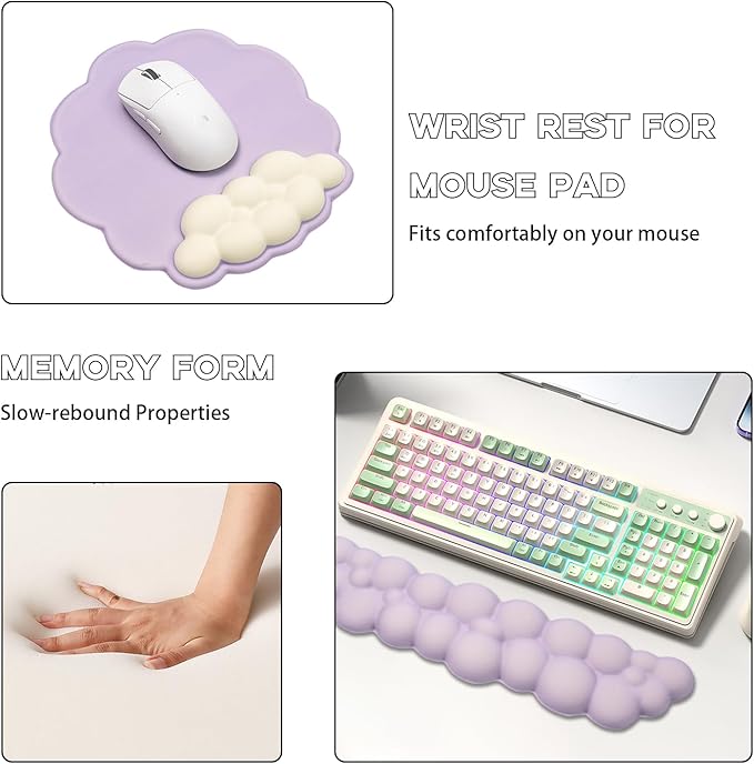 Memory Foam Keyboard Wrist Rest &amp Mouse Pad Set - Ergonomic Support for Laptop Mac &amp PC Cute Purple Cloud Design Non-Slip Base for Typing Gaming Pain Relief Comfortable Office Desk Must-