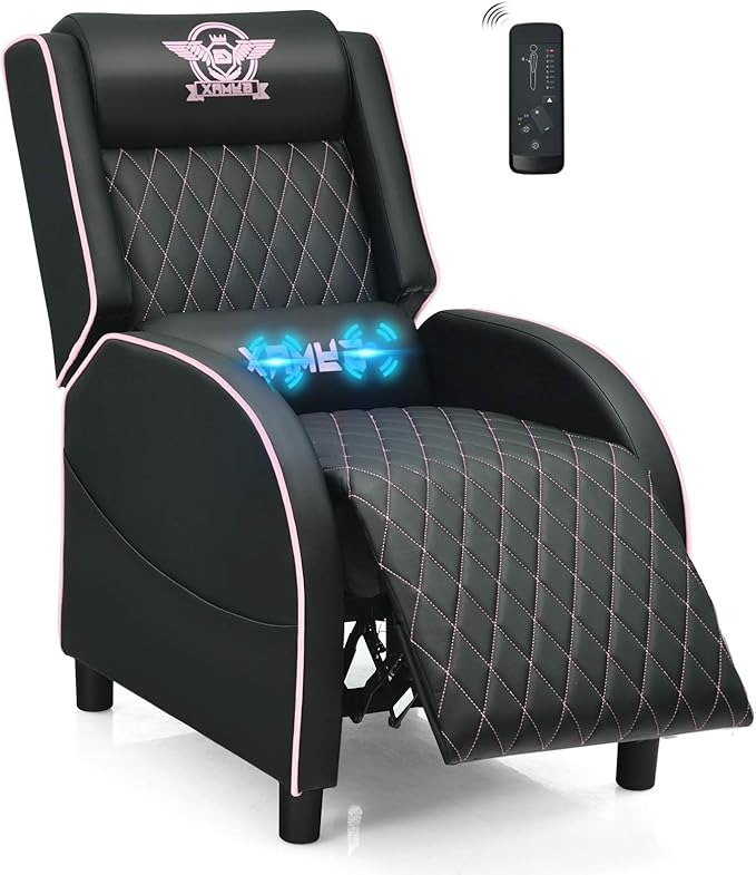 POWERSTONE Gaming Chair Recliner with Footrest Breathable PU Leather Massage Recliner - Ergonomic Sofa Computer Chair with Lumbar Support Headrest and Side Pouch for Living Room Home TheaterPink