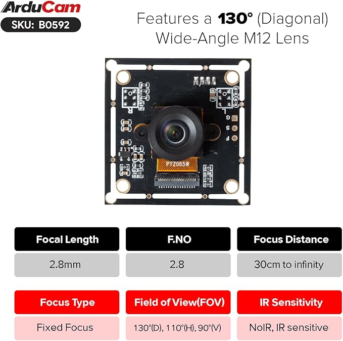 Arducam 120fps Mono Global Shutter USB Camera Module 800P High Speed UVC Webcam with 130°D Wide Angle M12 Lens for PC Laptop Android Devices &amp Raspberry Pi
