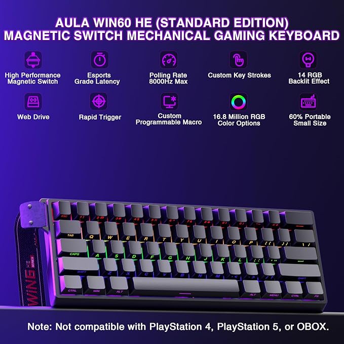 Aula WIN60 HE - 60% Mechanical Gaming Keyboard Wired Magnetic Switch Hot Swappable Adjustable Actuation Rapid Trigger Mode 8000 Hz Polling Rate RGB Small Keyboard 60 Percent Compact Design for PC
