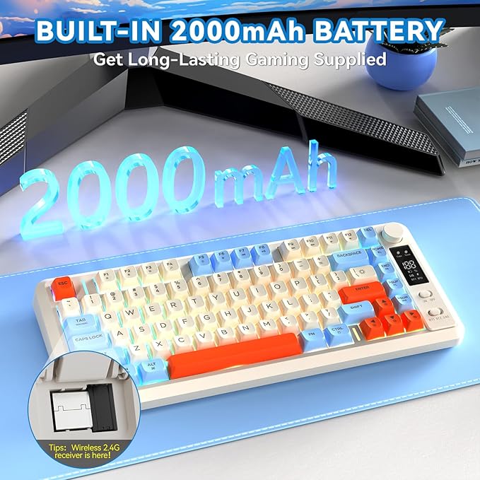 ZIYOU LANG M75 Wireless Gaming Keyboard RGB Backlit Rechargeable 2000mAh Battery Small Membrane But Mechanical Feel Keyboard with Smart Display &amp Knob PBT Gradient keycaps for PC MAC - Blueber