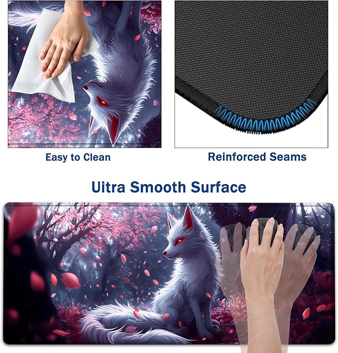 Large Mouse Pad + Keyboard Wrist Rest Set Extended Gaming Mousepad (31.5X11.8 inch) with Non-Slip Rubber Ergonomics Memory Foam Mouse Wrist Rest Support White Kitsune Cherry Blossoms Desk Pad