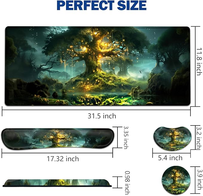 Large Mouse Pad + Keyboard Wrist Rest Set Extended Gaming Mousepad (31.5X11.8 inch) with Non-Slip Rubber Ergonomics Memory Foam Mouse Wrist Rest Support Tree of Life Pattern XXL Desk Pad