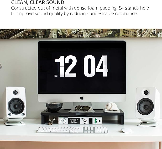 Kanto S4 Tilted Desktop Speaker Stands for Medium Bookshelf Speakers &amp Mid-Size 3”-4” Studio Monitors | Supports 8 lbs | Damping Foam Padding | ¼”-20 Mounting | Pair | White