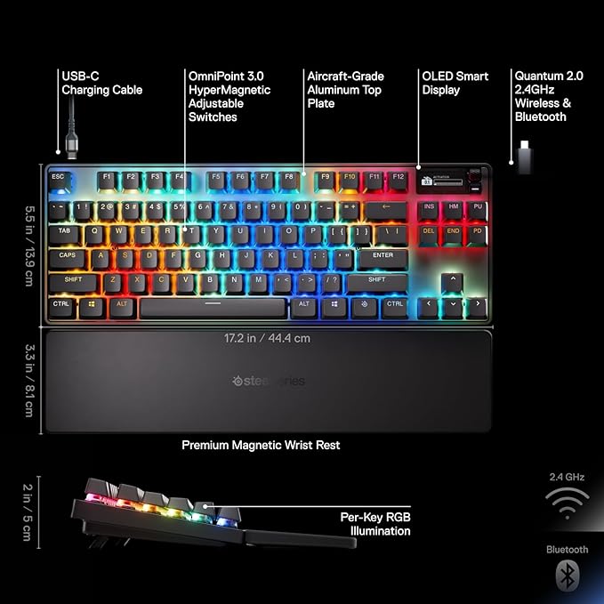 SteelSeries Apex Pro TKL Wireless Gen 3 OmniPoint 3.0 HyperMagnetic Switches — Adjustable Actuation — Rapid Trigger — Game-Ready Presets — Protection Mode — Rapid Tap/SOCD — Dual Wireless — OLED
