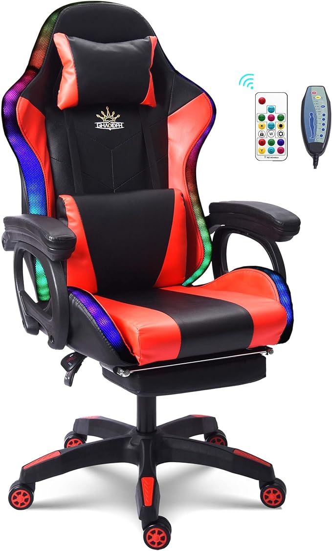 Ergonomic Massage Gaming Chair Office Chair with Lumbar Support and Footrest Video Gaming Chair with RGB Lights and Speakers Adjustable Linkage Armrests and Backrest PC Chair.Red