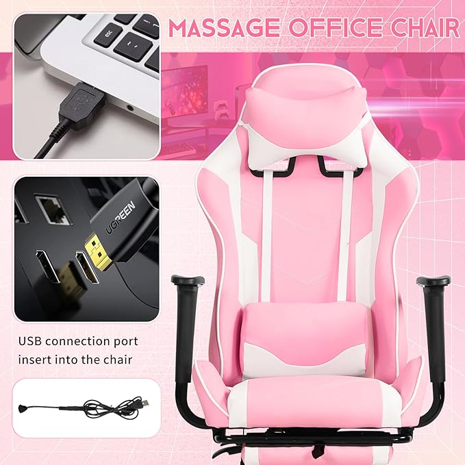 BLKMTY Massage Gaming Chair with Footrest Ergonomic Office Chair Racing Computer Chairs PU Leather with High Back Lumbar Support Headrest Reclining Chairs Pink