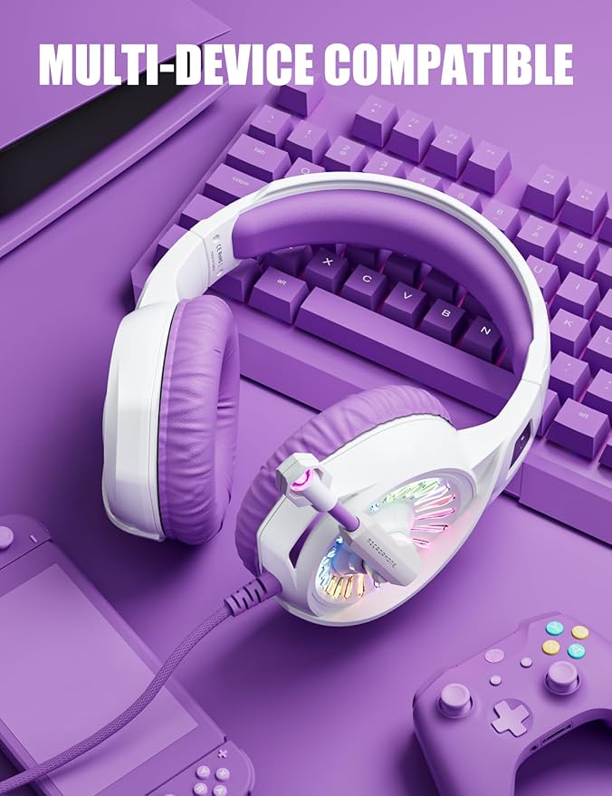 ZIUMIER Purple Gaming Headset with Microphone Compatible with PS4 PS5 Xbox One PC Laptop Over-Ear Headphones with LED RGB Light Noise Canceling Mic Stereo Surround Sound (Purple)