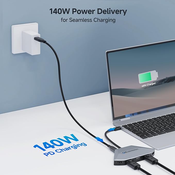 Cable Matters 4K Quad Display USB C MST Adapter with Dual-Function HDMI 2.1/DisplayPort 2.1 Ports Windows Only Up to [4X 4K@60Hz 140W Charging] USB C Hub for 4 Monitors Thunderbolt 4/5 Compatible