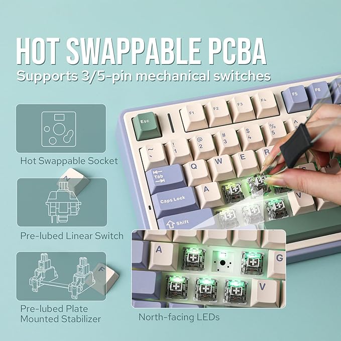 EPOMAKER x Aula F75 Gasket Mechanical Keyboard 75% Wireless Hot Swappable Gaming Keyboard with Five-Layer Padding&ampKnob Bluetooth/2.4GHz/USB-C RGB (Green Crescent Switch)