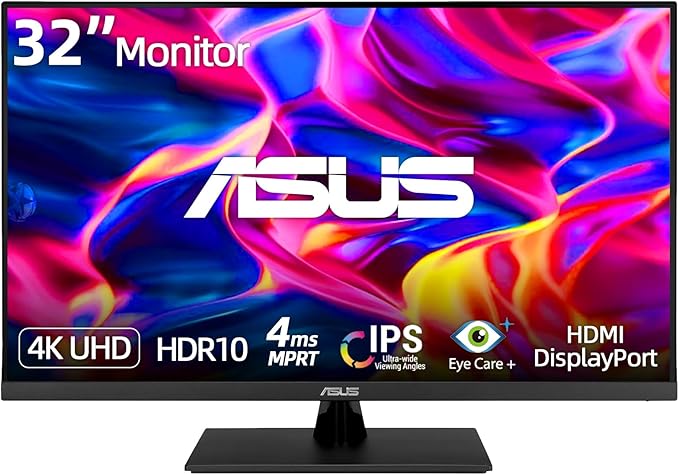 ASUS 32” 4K UHD Monitor 3840 x 2160 IPS Display HDR10 Adaptive-Sync 99% sRGB Built-in Speakers Eye Care DisplayPort HDMI VESA Mountable Professional Desktop Gaming Display - Black