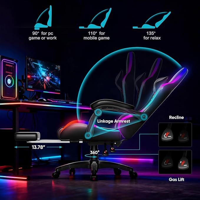 Gaming Chair RGB LED Lights Computer Chair with Footrest Lumbar Support Massager Gamer Chair High Back 90-135° Reclining Linkage Armrests Gray