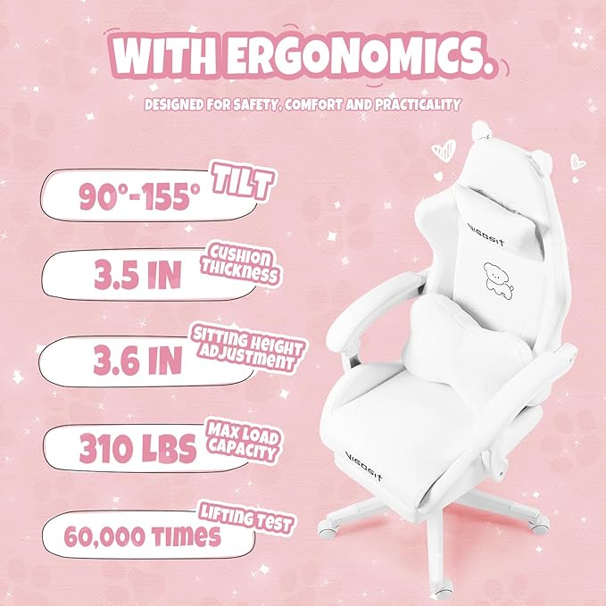 White Gaming Chair with Cute Ears &amp Lumbar Pillow Ergonomic Racing Style Computer Chair with Footrest Reclining High Back PU Leather Video Gamer Chairs for Girls &amp Kids &amp Adults