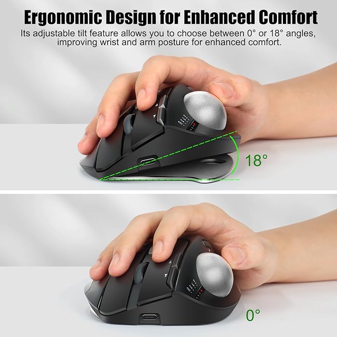 TRELC Wireless Trackball Mouse Ergonomic Rollerball Mouse with 4800 DPI/7 Programmable Buttons Thumb Control Mice Rechargeable Optical Mouse for 3 Devices for Windows PC Laptop Tablet (Black)