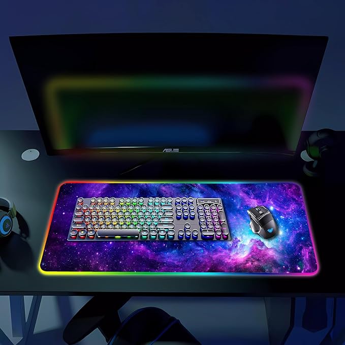 RGB Gaming Mouse Pad Large Mousepad with Led Light Gaming Accessories Keyboard Pad for Desk Non-Slip Rubber Base Big Mouse Mat for Gamer 31.5 X 11.8 Inch Purple Galaxy