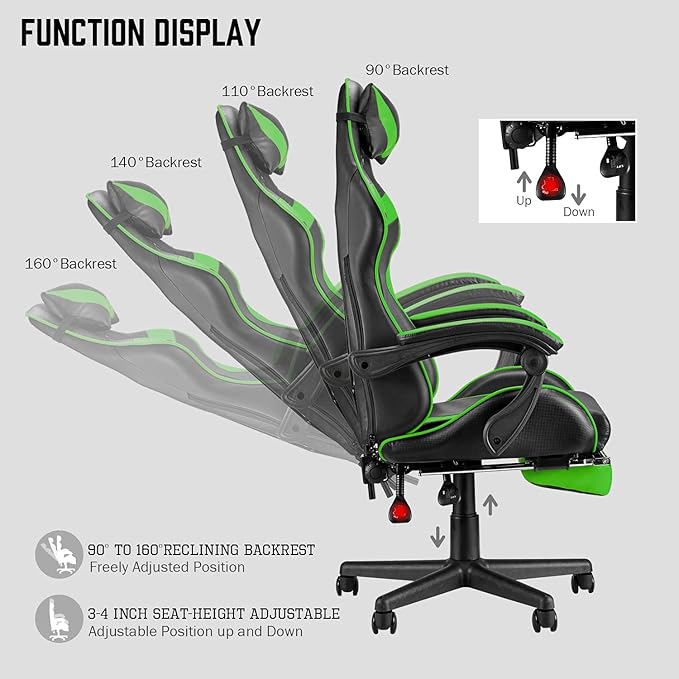 Huracan Gaming Computer Chair with Footrest Adjustable Video Game Chairs for Adults Heavy Duty Office Chair with Headrest and Lumbar Support Green
