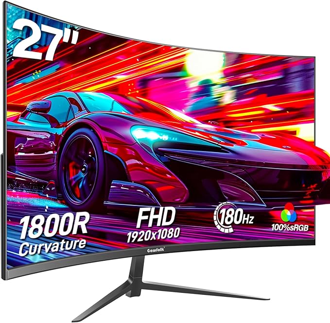 Gawfolk 27 inch Curved Gaming Monitor144Hz/180Hz PC Monitor Full HD 1080P Frameless 1800R Computer Display with FreeSync &amp Eye-Care Technology Wall Mountable DP HDMI Port (Black)