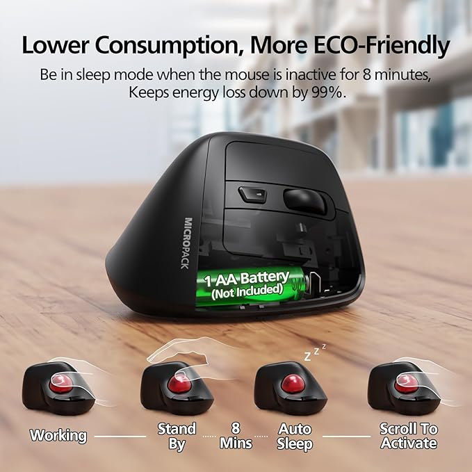 MicroPack Ergonomic Wireless Mouse with Trackball and 5 Adjustable DPI Easy Thumb Control Precise &amp Smooth Tracking. Update Bluetooth Medium-Sized Right Hand Mouse for Laptop PC Mac Windows