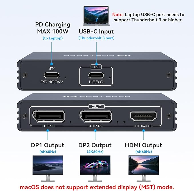 USB C to HDMI + Displayport Splitter 3 Monitors with 100W PD Charging Thunderbolt to HDMI DP Splitter 1 in 3 Out Multiple Monitors Extended Display Hub for Converter Compatible with Laptop PC