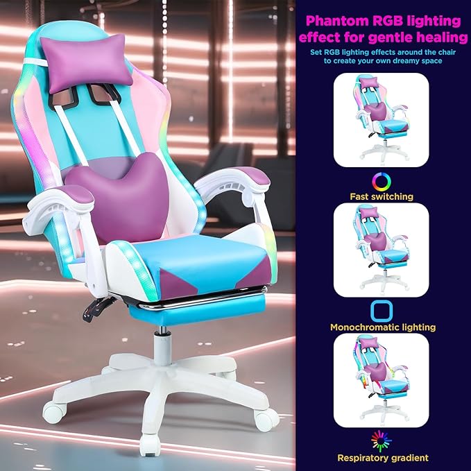Girl Video Chair Bearing 300lbs Stylish Ergonomic Gaming Chair with RGB LED - Adjustable Recline High-Density Foam Padding Faux Leather BIFMA Certified Base USB Power Purple