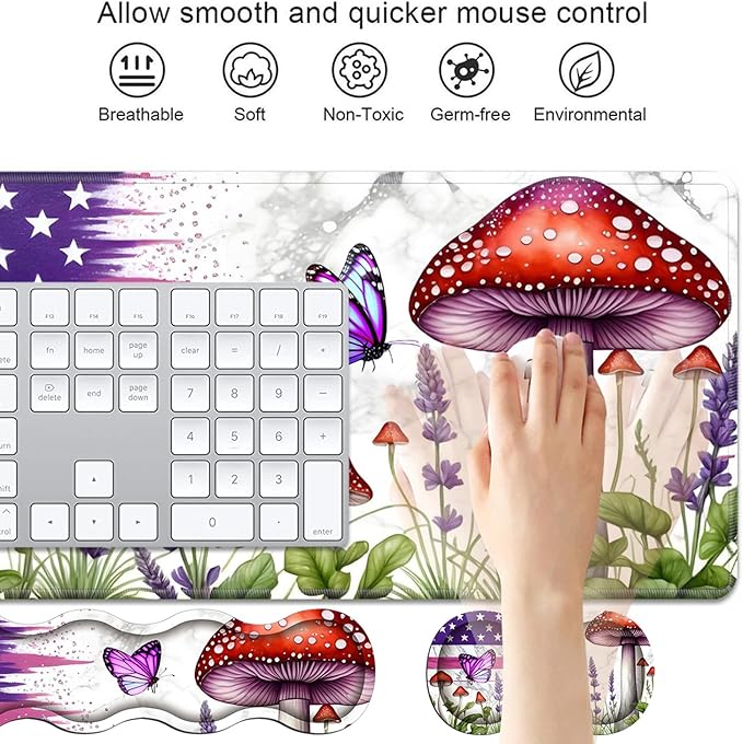 4 in 1 Ergonomic Keyboard Wrist Rest &amp Mouse Pad Wrist Rest Set Large XXL Gaming Desk Mat 31.5x 11.8 with Non-Slip Base Memory Foam for Home Office Study Gaming American Flag Mushroom Butterf