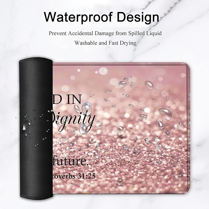 Large Gaming Mouse Pad Extended Waterproof Desk Pad Protector (31.5 x 11.8) Ergonomics Memory Foam Mouse Wrist Rest Support for Home Office Laptop Proverbs 31:25 Bible Verse XXL Pink Mouse Mat