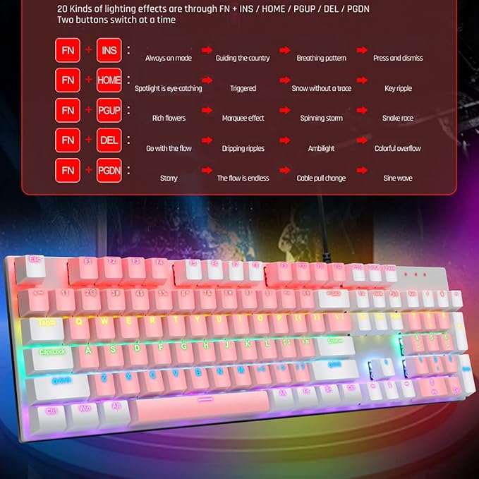 RGB Backlit 104 Keys Mechanical Gaming Keyboard USB Wired Computer Keyboard 28 Backlight Modes for Windows 2000 for Vista (Pink and White)