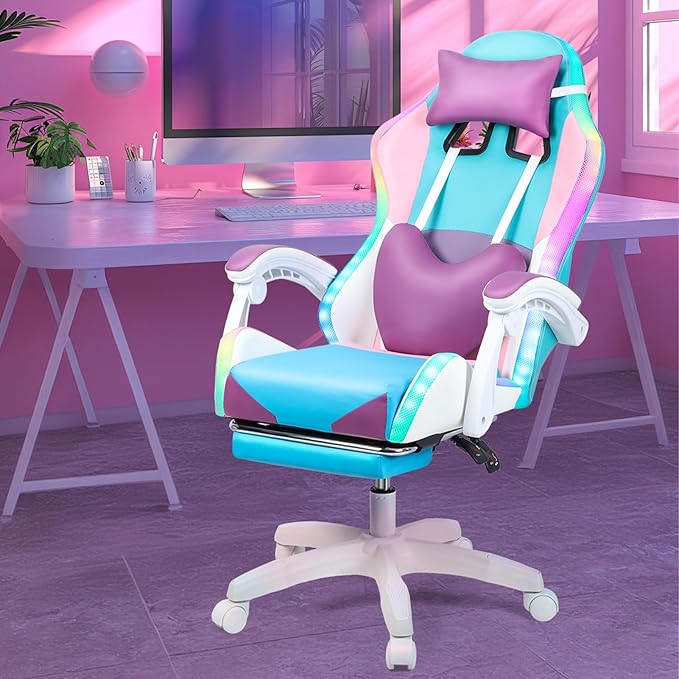 Gaming Chair with LED Lights Adjustable Gaming Chairs for Adults Ergonomic Massage Computer Chair with Load 300LBS 360° Swivel Seat Retractable Footrest Video Gamer Chairs Pink Purple