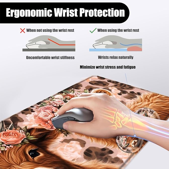 Mouse PadLarge Desk Mat Set 4in1 XL Mousepad + Keyboard Wrist Rest+Mouse Wrist Rest+Coaster with Ergonomic Desk Pad for Home Office Table Computer Cover -Highland Cow with Flower Crowns